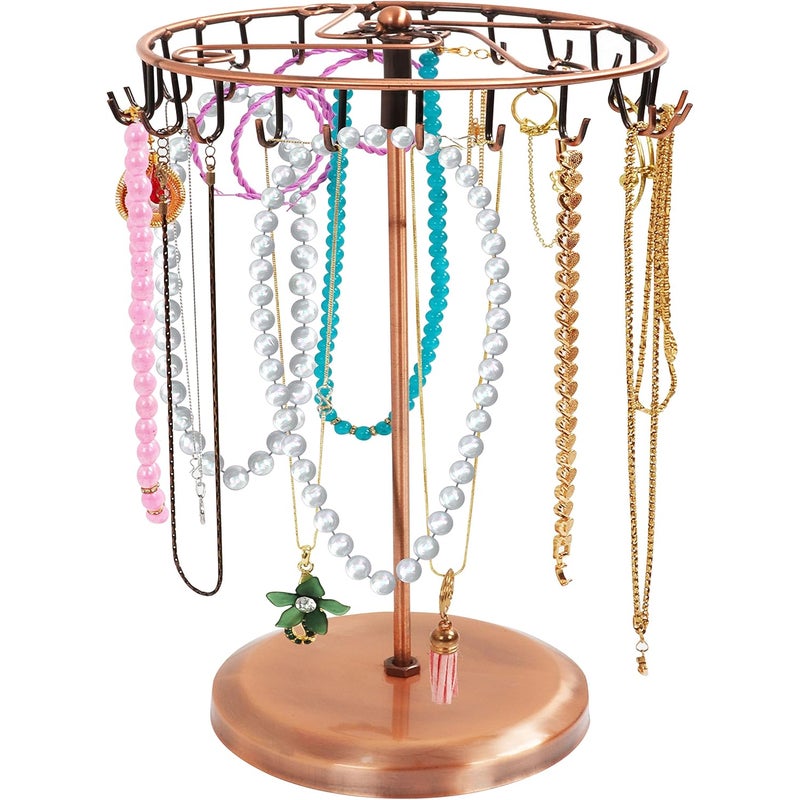 Obrotowy stojak na biżuterię z miedzi, 23 haki, 20 x 34 cm, stojak na naszyjniki, bransoletki, pierścionki i kolczyki