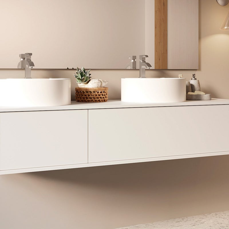 Wisząca szafka z podwójną umywalką do łazienki, w kolorze białym - L150 cm - ISAURE II