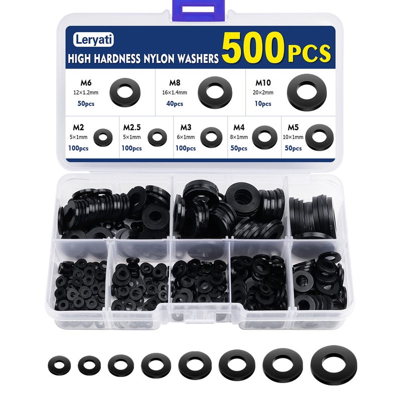 500 sztuk podkładek plastikowych, czarne płaskie podkładki nylonowe, okrągła płaska uszczelka izolacyjna, dystans plastikowy - M2/M2,5/M3/M4/M5/M6/M8/