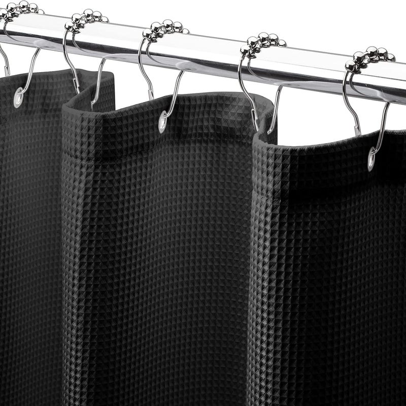 Czarna zasłona prysznicowa 180 cm x 220 cm, 1-częściowa, poliester z metalowym pierścieniem kulkowym, zasłona prysznicowa o splocie waflowym