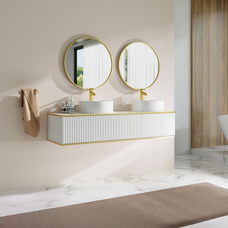 Podwieszana szafka łazienkowa prążkowana ze złotymi wykończeniami, 2 szuflady z podwójną umywalką nablatową kwadratową - Biała - 150 cm - KELIZA