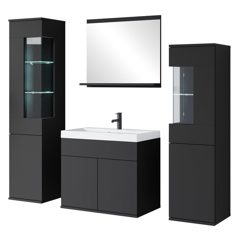 MINIO go for it, Zestaw mebli łazienkowych NIKITA czarny, 4-częściowy z oświetleniem LED
