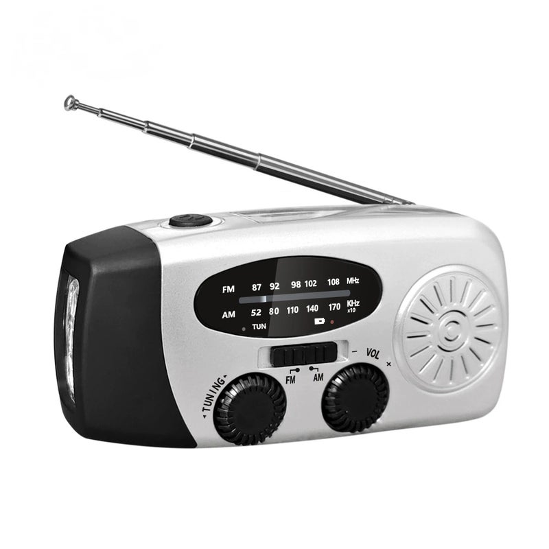 Radio awaryjne z korbką i latarką LED, przenośne radio AM/FM NOAA z powerbankiem 2000 mAh, srebrno-szare