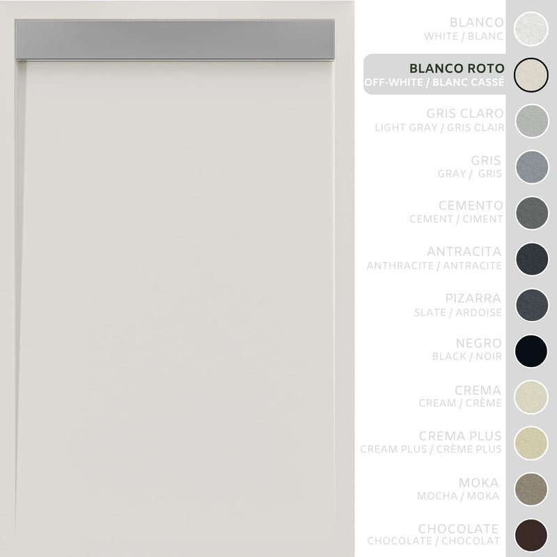 SOULHOME Brodzik prysznicowy– Żywica– Gel Coat– Gładka/Kamienna tekstura – Antypoślizgowy – złamana biel- 170x80- Niski 3cm– Ruszt INOX