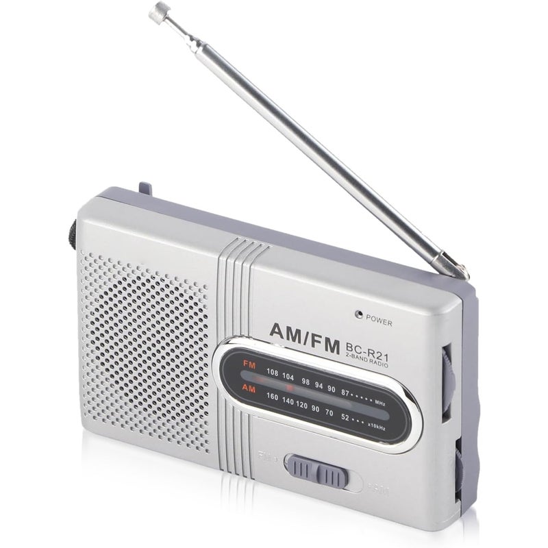 Miniaturowe przenośne radio AM/FM z wbudowanym głośnikiem, wysuwaną anteną i standardowym gniazdem słuchawkowym, w kolorze srebrnym