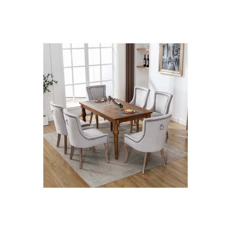 Luksusowe krzesła do jadalni (krzesło kuchenne, krzesło do salonu, 6 sztuk), nogi z litego drewna, tapicerka welurowa, kolor szary