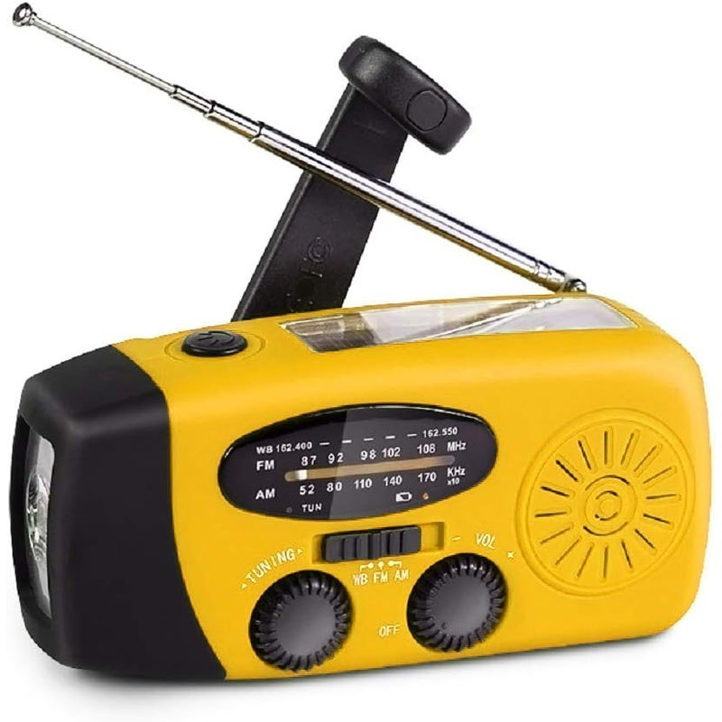 Radio awaryjne z korbką i latarką LED, przenośne radio AM/FM NOAA z powerbankiem 2000 mAh, żółte