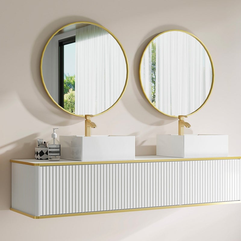 Szafka podumywalkowa wisząca prążkowana ze złotym obramowaniem z 2 szufladami - Biała - 150 cm - KELIZA