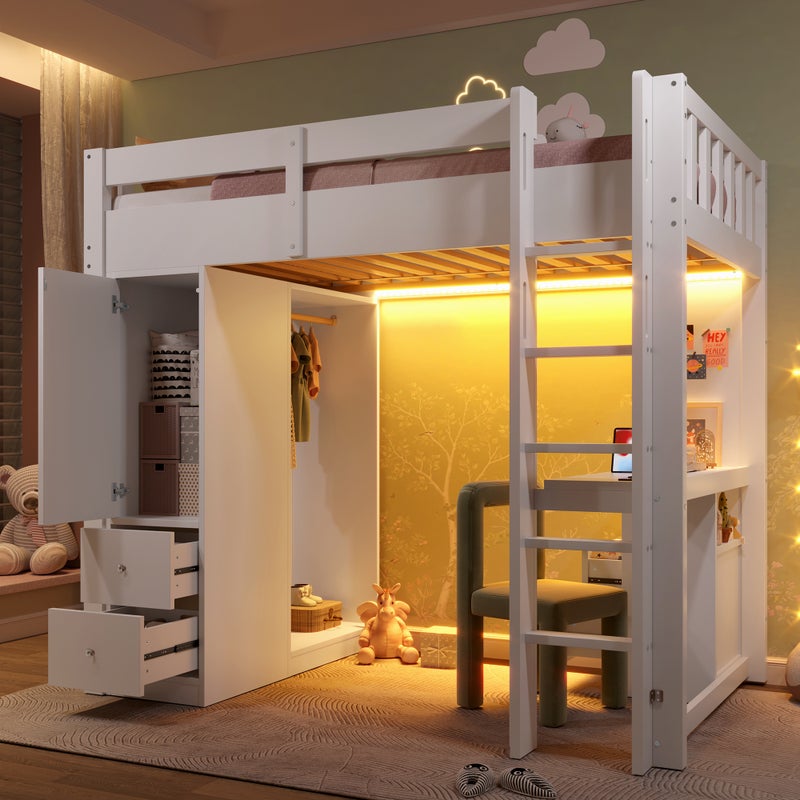Łóżko antresolowe 90 x 200 cm z 4 szufladami, 1 szafką i biurkiem - sosna + płyta MDF - diody LED i gniazda USB - białe (bez materaca)