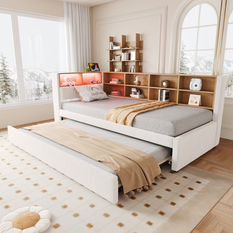 Łóżko wysuwane 90 x 200 cm + 90 x 190 cm z przegródkami, Sofa rozkładana - Tkanina flanelowa - Diody LED, porty USB i typu C - Beżowe (bez materaca)