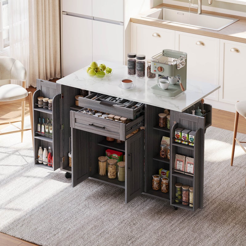 Mobilna wyspa kuchenna z 4 drzwiami i 2 szufladami - Wysuwany blat - 136 x 45/70 x 92 cm - MDF - Szary