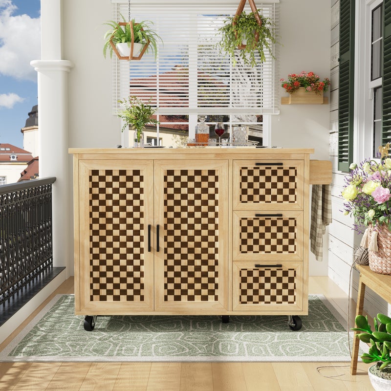 Mobilna wyspa kuchenna z 2 drzwiami i 3 szufladami - 120 x 45/75 x 92 cm - Rozkładany blat - Płyta MDF - Wzór szachownicy - Naturalna