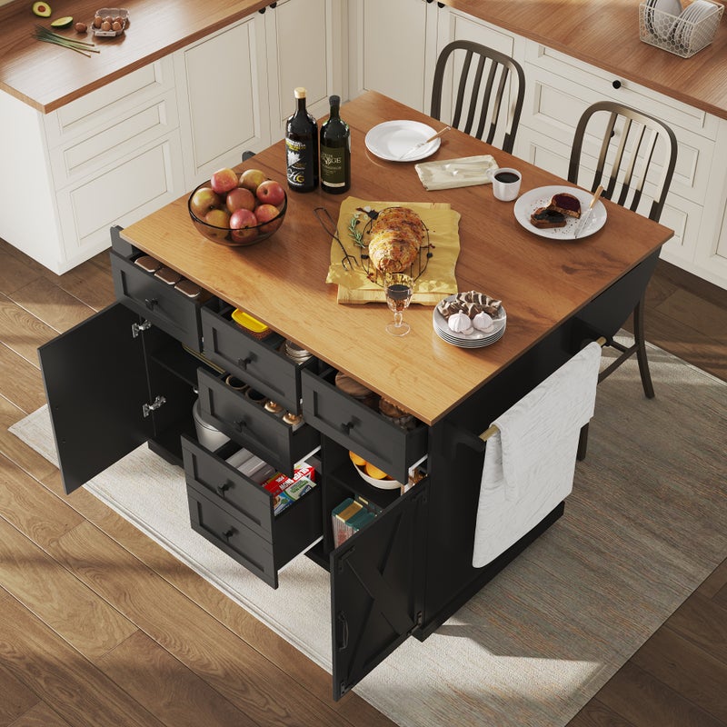 Mobilna wyspa kuchenna z 2 drzwiami i 5 szufladami - 120 x 44/70 x 93 cm - Wysuwany blat - MDF i metal - Czarny