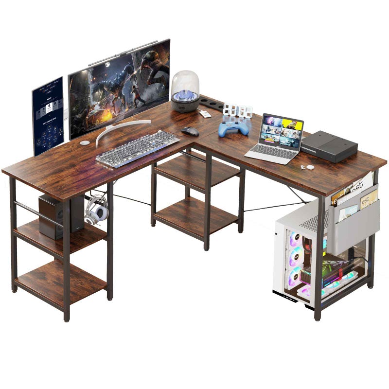 Biurko komputerowe w kształcie litery L z oświetleniem LED i wielofunkcyjnymi półkami, odwracalne, 140x140 cm, do narożnika domowego biura