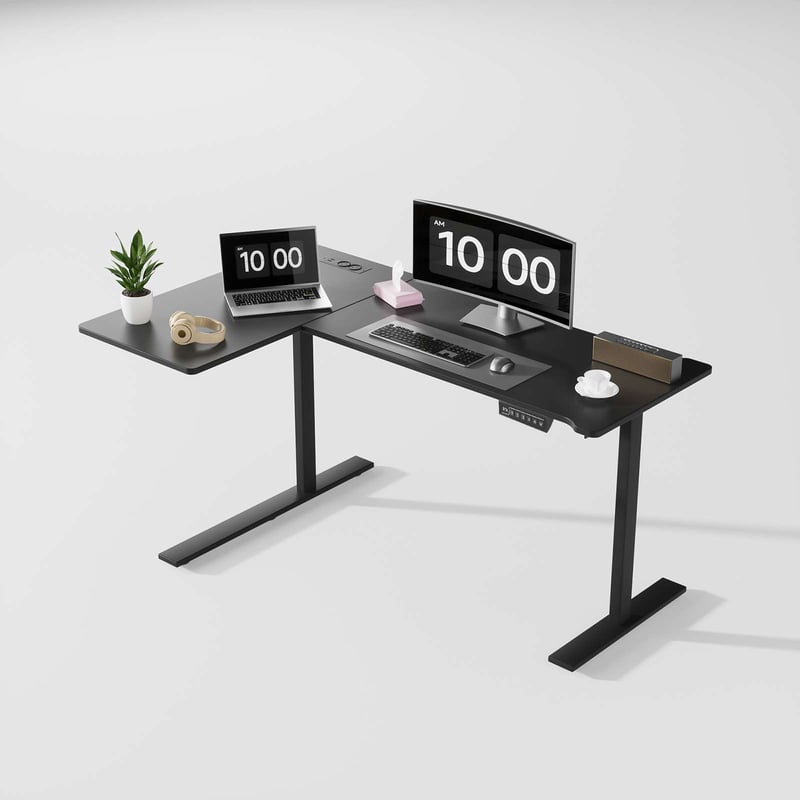 Regulowane biurko narożne elektryczne 160×120 cm – ergonomiczne w kształcie L ze zintegrowanymi gniazdkami, portami USB i solidną metalową ramą