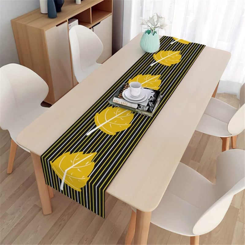 Bieżnik lniany, zmywalny, w stylu nordyckim, do dekoracji stołu, szafek i kuchni (żółte liście, 33 x 180 cm)