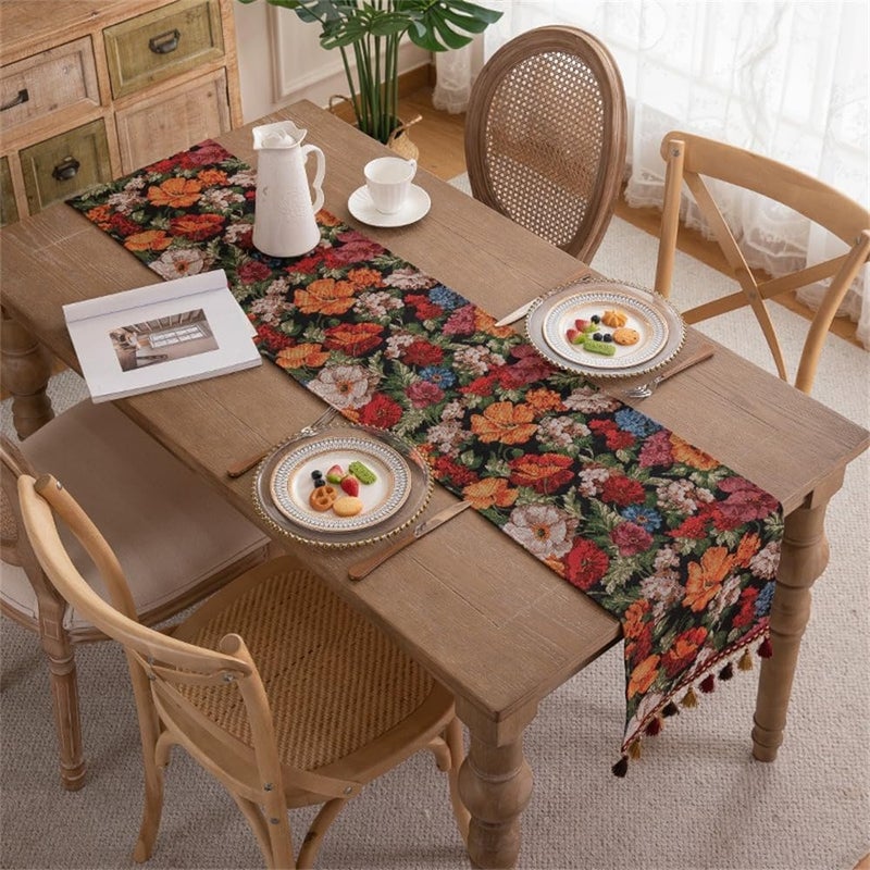 Bieżnik żakardowy – kolorowy wzór kwiatowy – żywy, akwarelowy wzór vintage – z frędzlami – na stół jadalny – 33 x 180 cm