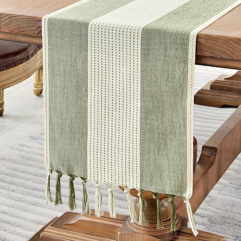 Bieżnik stołowy z bawełny i lnu makrama o długości 183 cm z frędzlami, ręcznie robiony (szałwiowa zieleń, 183 cm)