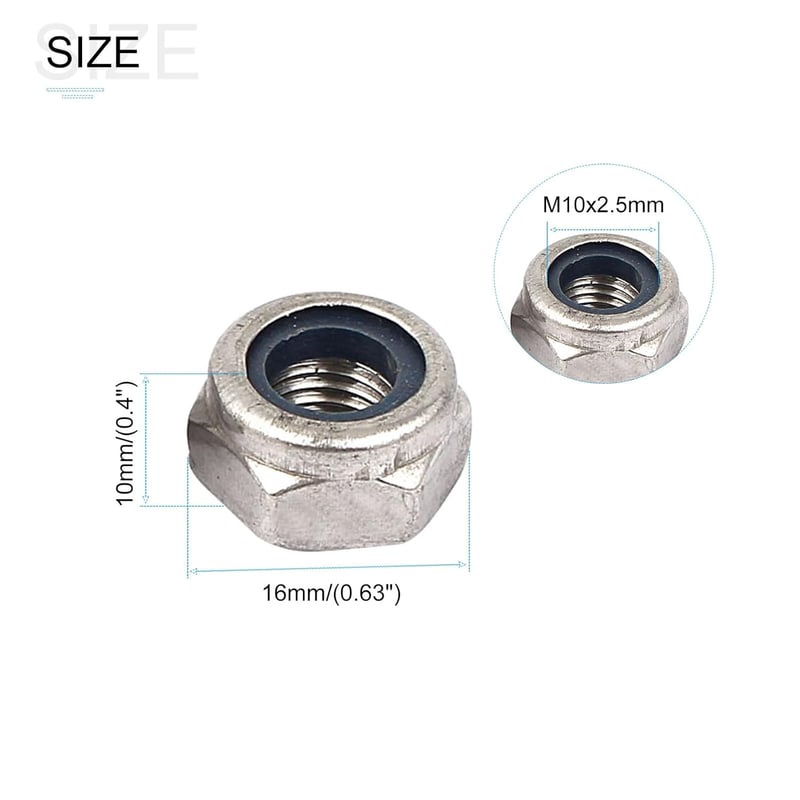 Nakrętki zabezpieczające sześciokątne (M10 x 1,25 mm) 4 szt., stal nierdzewna 304, samozabezpieczająca nakrętka z wkładką nylonową – do garaży samocho