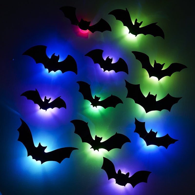 24 sztuki naklejek 3D z nietoperzami na Halloween, naklejki 3D LED z nietoperzami, podświetlane naklejki ścienne na Halloween