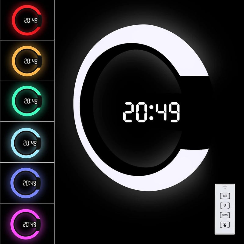 Cyfrowy zegar ścienny LED z pilotem, zasilaniem przez USB, dużą jasnością, 7-kolorowym światłem RGB, 12-calowym lustrem w środku.