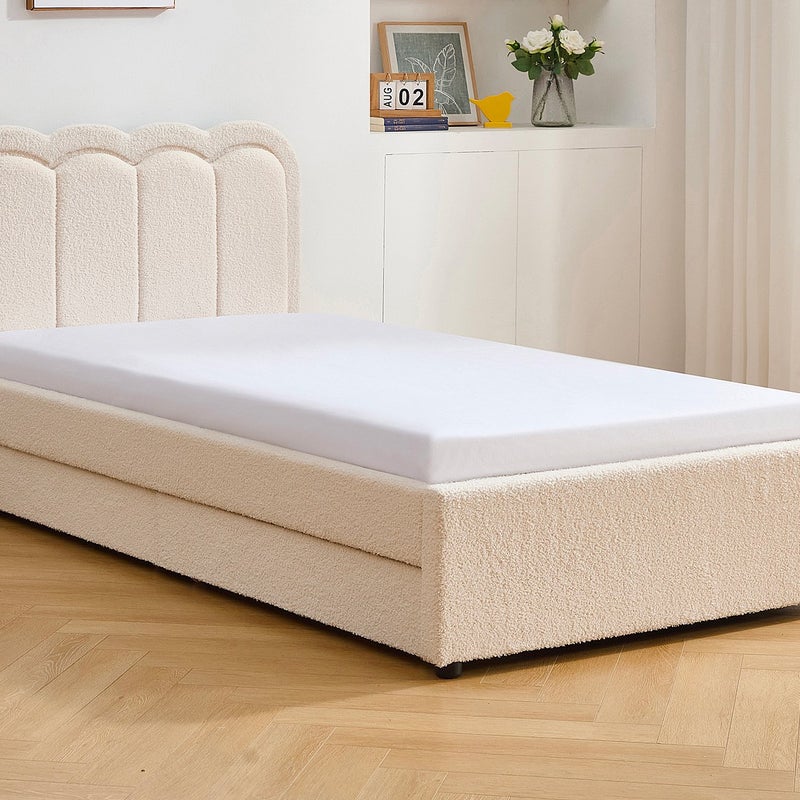 Łóżko 90 x 190 cm z 2 szufladami - Z oświetleniem LED - Tkanina z bukli - Kremowe + Materac - NESTIAKO
