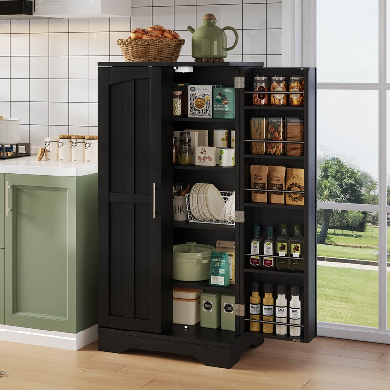 Kredens kuchenny z 4 drzwiami, regulowanymi półkami i przegródkami - 60 x 40 x 120 cm - LED - MDF - do kuchni, jadalni - czarny