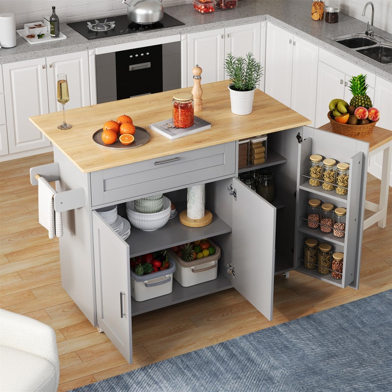 Mobilna wyspa kuchenna z 3 drzwiami i 1 szufladą - Wysuwany blat - 132,5x44(70)x90 cm - Drewno MDF - Szary i naturalny