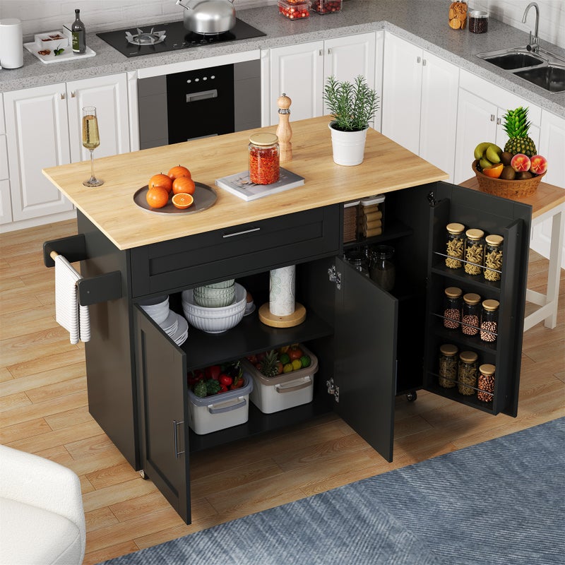 Mobilna wyspa kuchenna z 3 drzwiami i 1 szufladą - Wysuwany blat - 132,5x44(70)x90 cm - Drewno MDF - Kolor czarny i naturalny