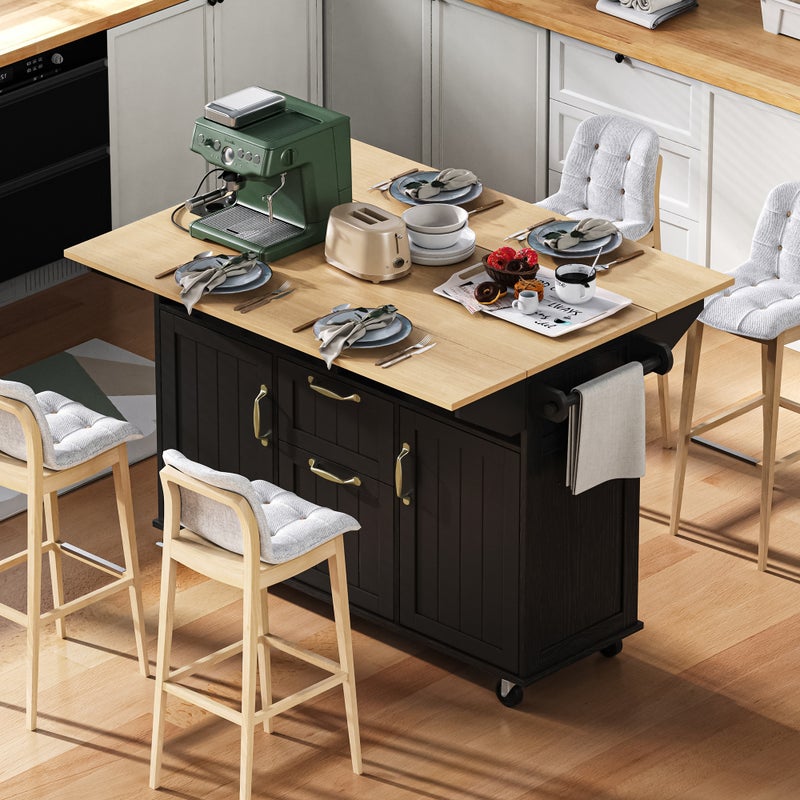 Mobilna wyspa kuchenna z 2 drzwiami i 2 szufladami - Wysuwany blat - 120 x 40/60/80 x 92 cm - MDF - Czarny + naturalny