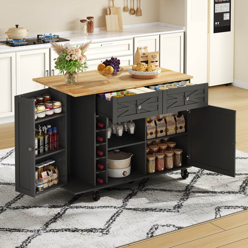 Mobilna wyspa kuchenna z 2 drzwiami, 2 szufladami i stojakiem na wino - Wysuwany blat - 120 x 45(70) x 89 cm - Płyta MDF - Kolor czarny i naturalny