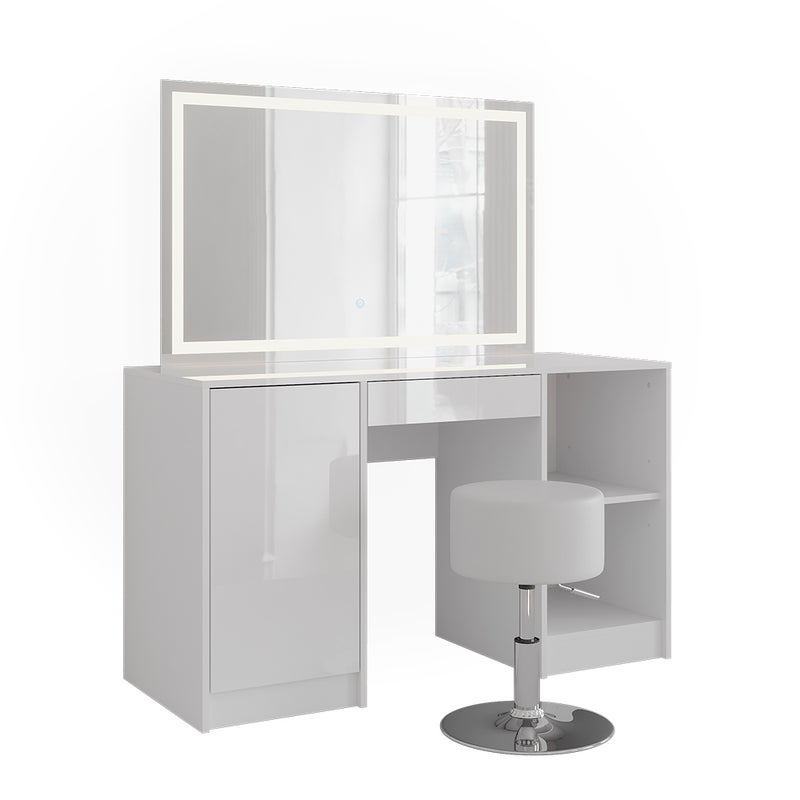Vicco Stół do toalety Sherry, Biały/biały wysoki połysk, 128.2 cm z lustrem LED i stołkiem