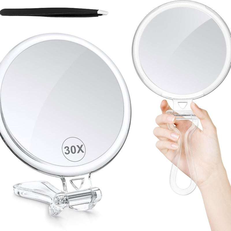 Lustro do makijażu z 30-krotnym powiększeniem, dwustronne (1X/30X), poręczne lusterko z uchwytem – lusterko kosmetyczne do podróży