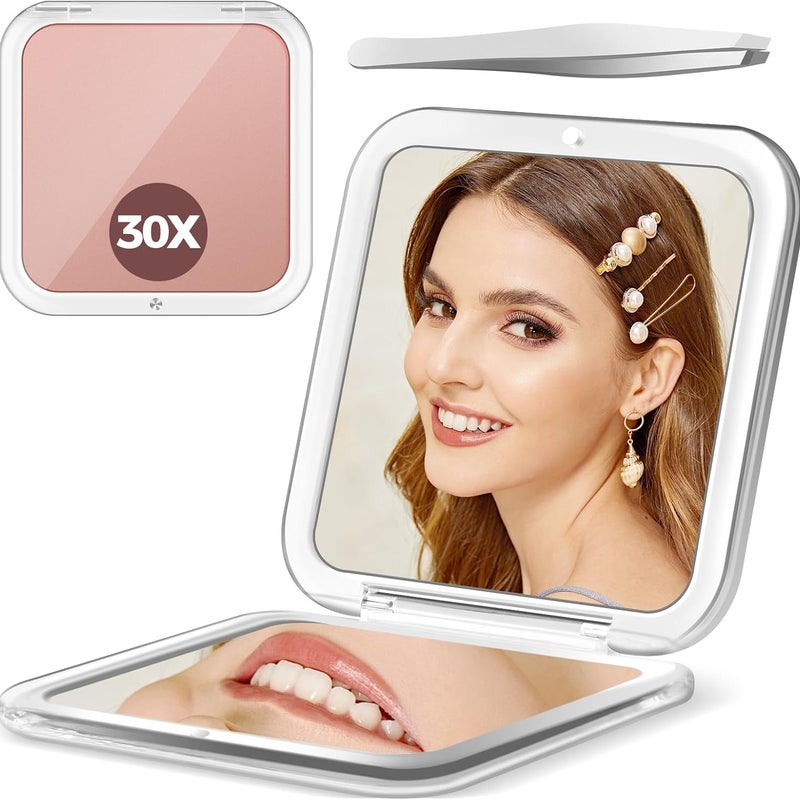 Lustro powiększające, lusterko do makijażu z 30-krotnym powiększeniem, małe lusterko do makijażu 8 x 8 cm, dwustronne składane lusterko podróżne