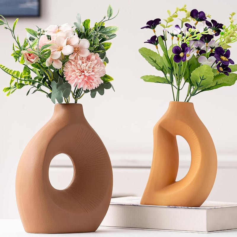 Ceramiczny wazon dekoracyjny – zestaw 2 małych, nowoczesnych wazonów pustych, minimalistyczny, sypialnia, biuro (ciemnobrązowy/pomarańczowy)