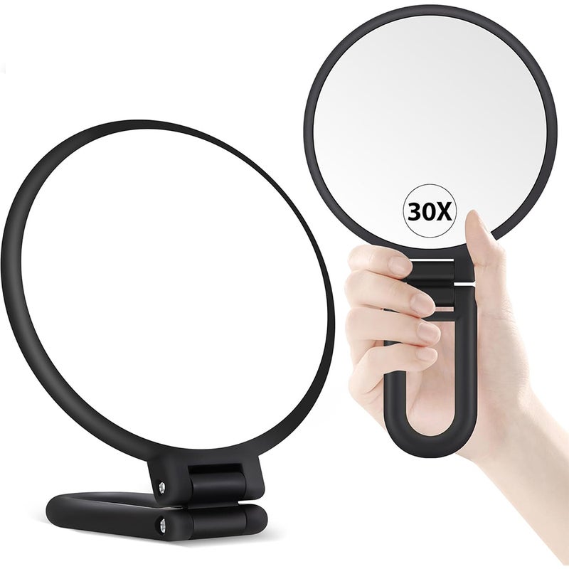 Lustro powiększające 30x z uchwytem – dwustronne lusterko do makijażu (1x/30x), składane i przenośne, do precyzyjnego makijażu, matowa czerń