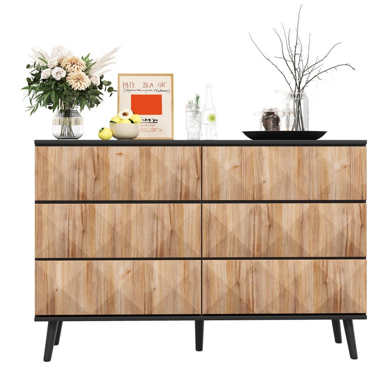 Komoda z 6 szufladami - 120 x 40 x 85 cm - Płyta MDF i płyta wiórowa - Kolor czarny i naturalny