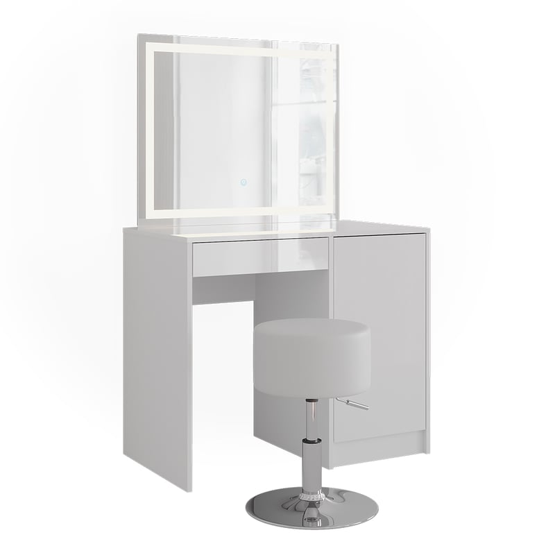 Vicco Stół do toalety Sherry, Biały/biały wysoki połysk, 89.8 cm z lustrem LED i stołkiem