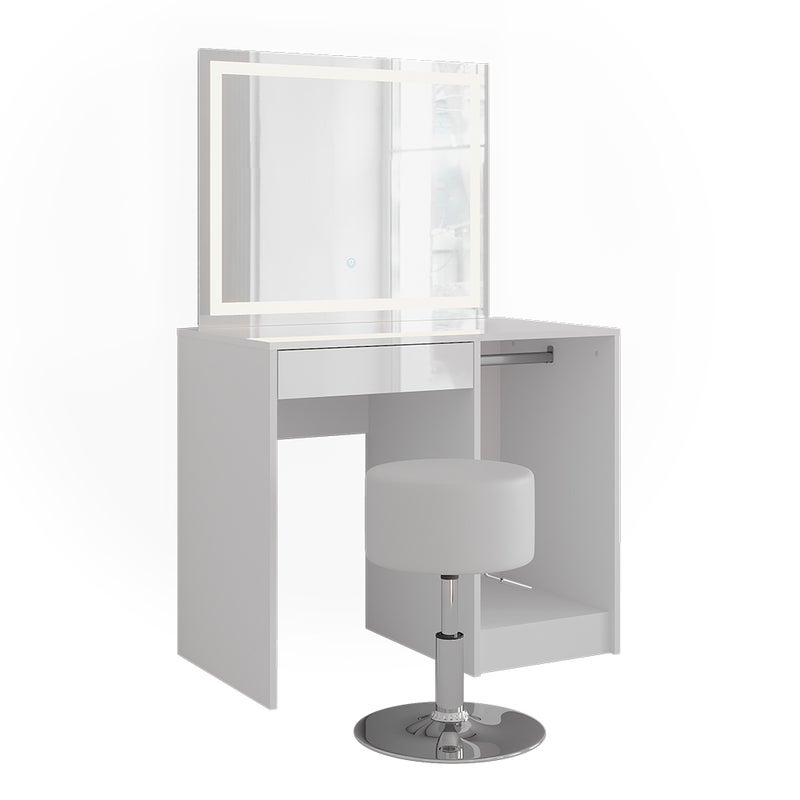 Vicco Stół do toalety Sherry, Biały/biały wysoki połysk, 89.8 cm z lustrem LED i stołkiem