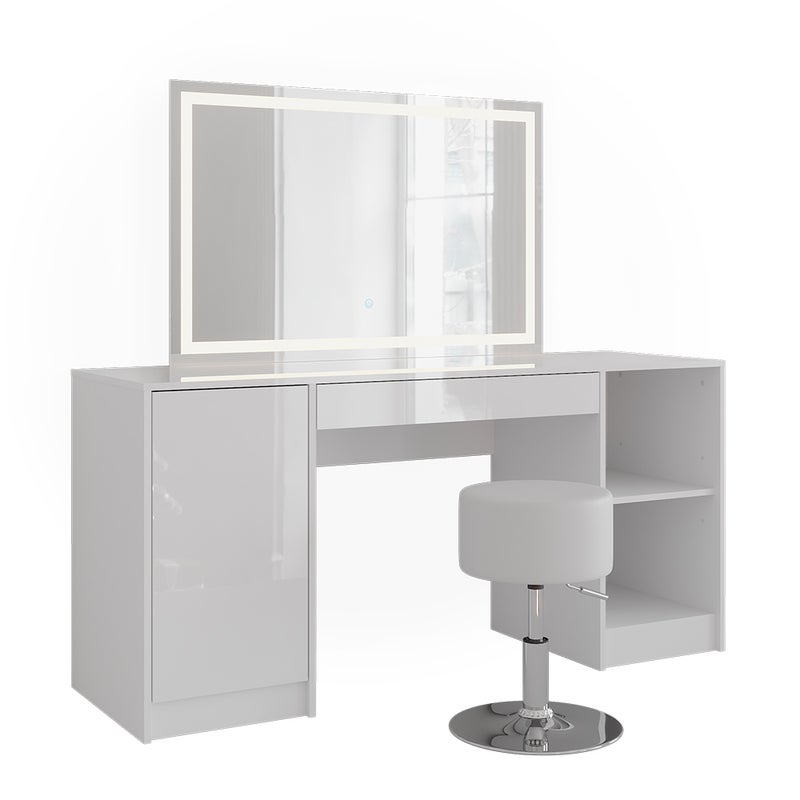 Vicco Stół do toalety Sherry, Biały/biały wysoki połysk, 158.2 cm z lustrem LED i stołkiem