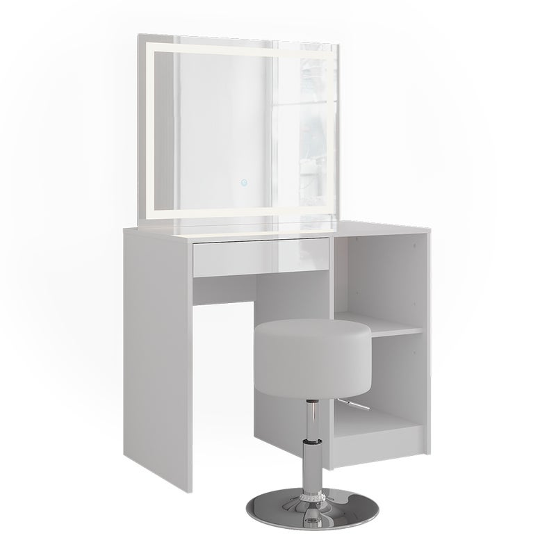 Vicco Stół do toalety Sherry, Biały/biały wysoki połysk, 89.8 cm z lustrem LED i stołkiem