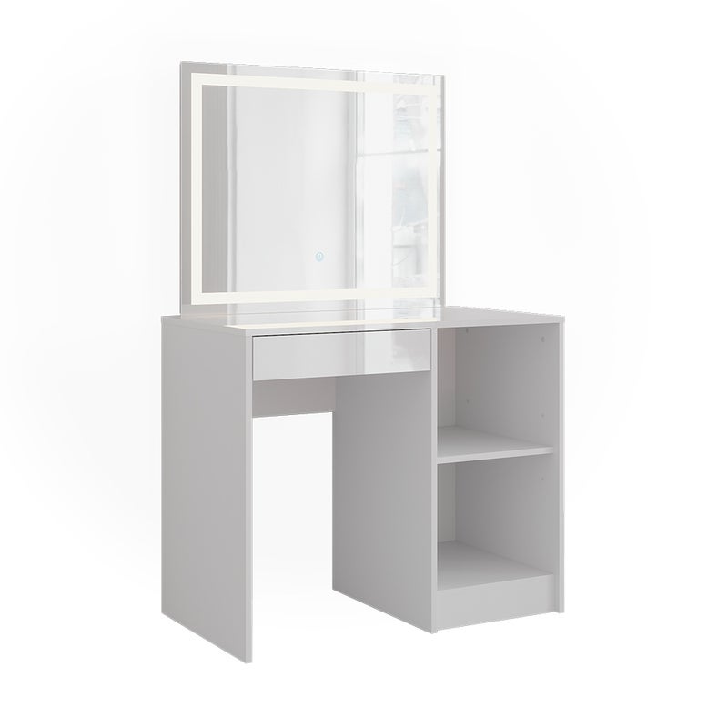 Vicco Stół toaletowy Sherry, Biały/biały wysoki połysk, 89.8 cm z lustrem LED