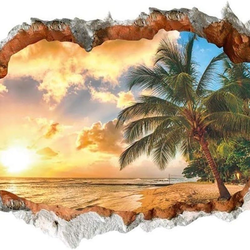 Naklejka ścienna „Zachód słońca na plaży”, 90 x 60 cm, wyspa, plaża, ocean, palmy, dekoracja ścienna do salonu, sypialni, przedpokoju, wejścia