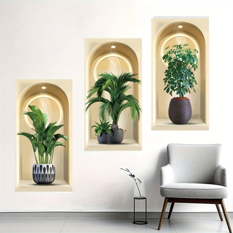 3 samoprzylepne trójwymiarowe naklejki ścienne z zielonymi roślinami do salonu, sypialni i kuchni.