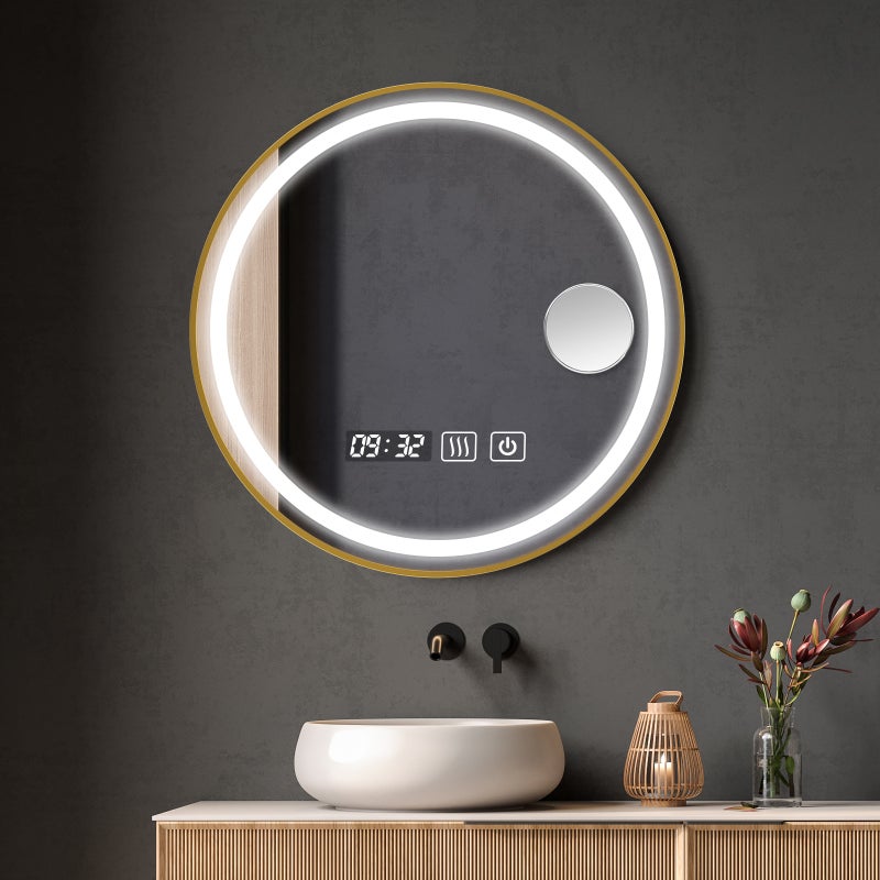 Okrągłe lustro łazienkowe montowane na ścianie z oświetleniem LED – lustro toaletkowe w ramie 61 x 61 cm (24