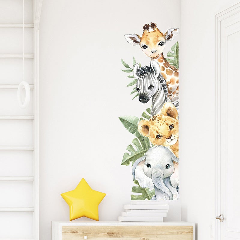 Naklejki ścienne z motywem kreskówkowych zwierząt z dżungli, żyrafy, zebry, zielonych liści, odpowiednie do dekoracji ścian pokoju dziecięcego.