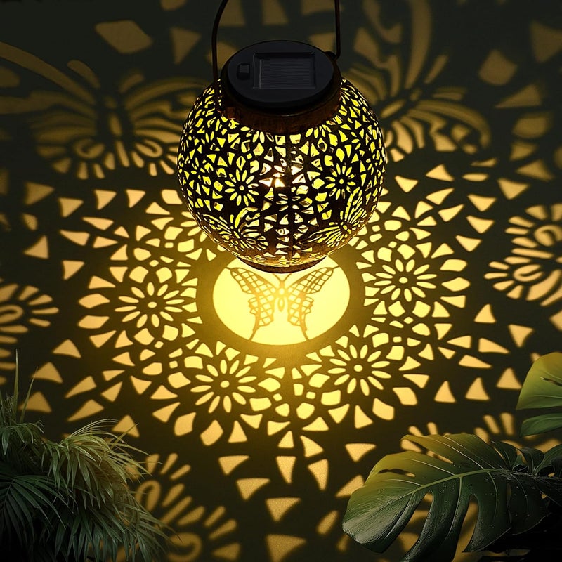Lampa solarna zewnętrzna metalowa solarna wisząca motyl LED wodoodporna lampa motyl zasilana energią słoneczną, wydrążona dekoracyjna latarnia z diodą