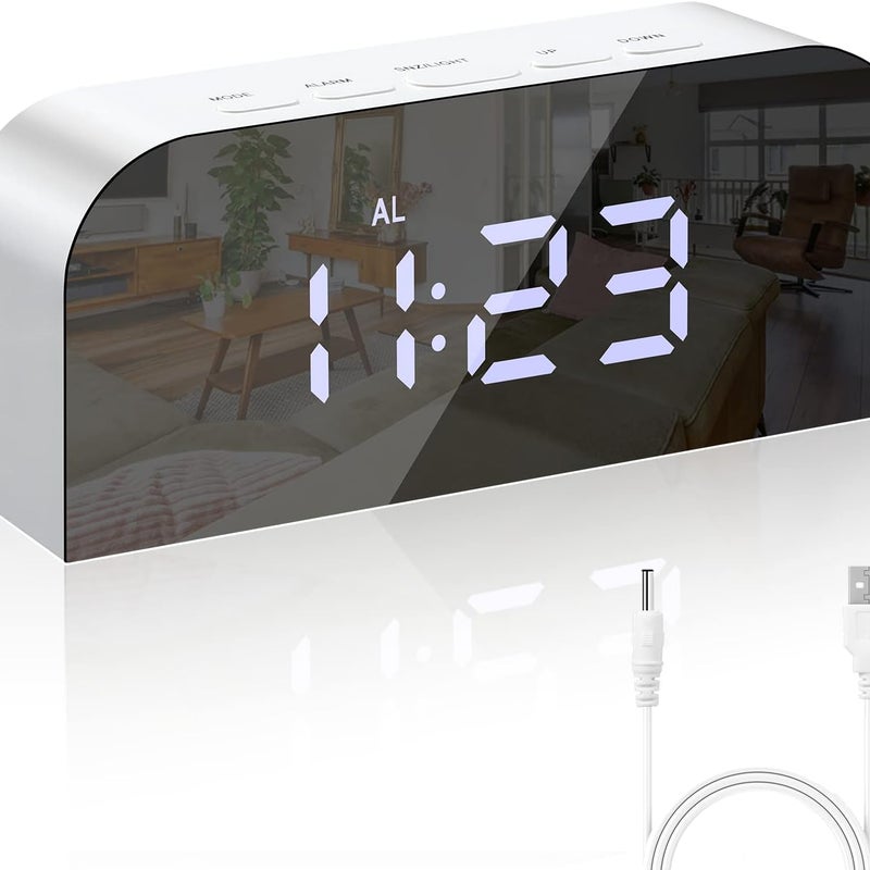 Cyfrowy budzik lustrzany, LED, zegar cyfrowy, 12/24h, z 2 portami ładowania USB, nowoczesna dekoracja, biały