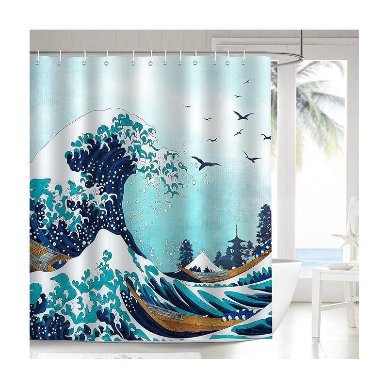 Zasłona prysznicowa Kanagawa Wave 180 x 180 cm, zmywalna, z poliestru, zasłona do wanny, zasłona łazienkowa z haczykami do wanny