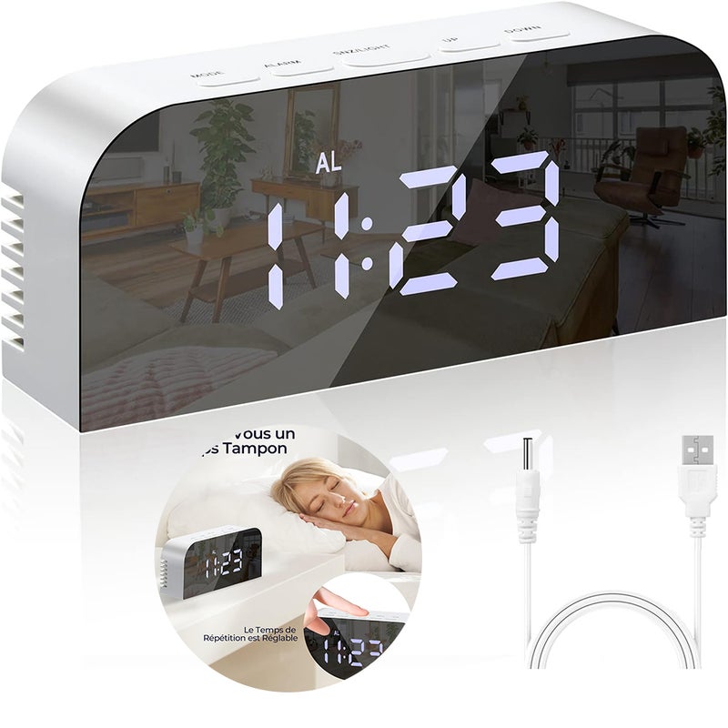 Cyfrowy budzik lustrzany, cyfrowy zegar LED, nocny, 2 poziomy jasności, 12/24 godz., z 2 portami ładowania USB